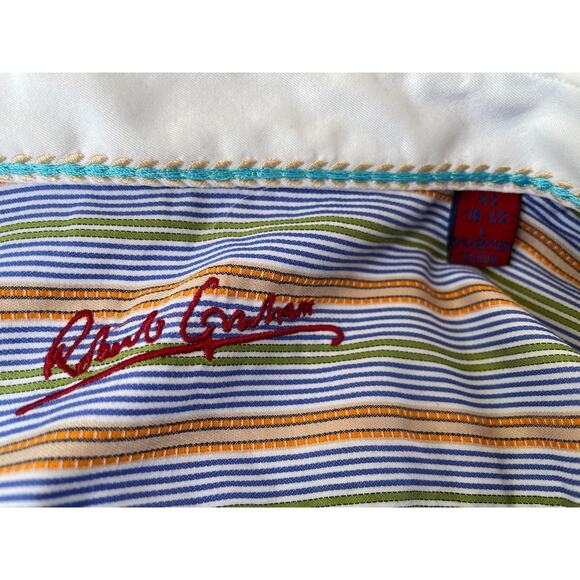 Robert Graham Multicolor Orange Blue Striped Button Up Shirt, Large - Picture 8 of 8